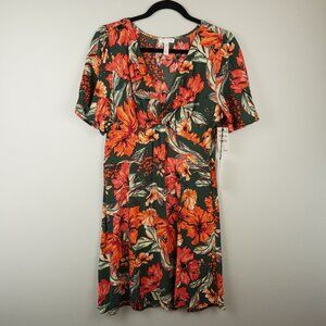Leith Dark Green & Coral Floral V-Neck Dress Size Medium NWT